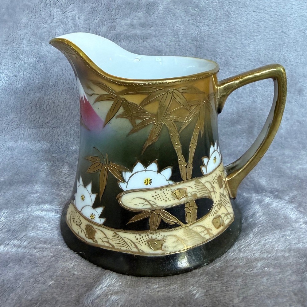 Vintage Shofu Japan Porcelain Creamer Gold Moriage Lotus Bamboo Hand Painted 4in